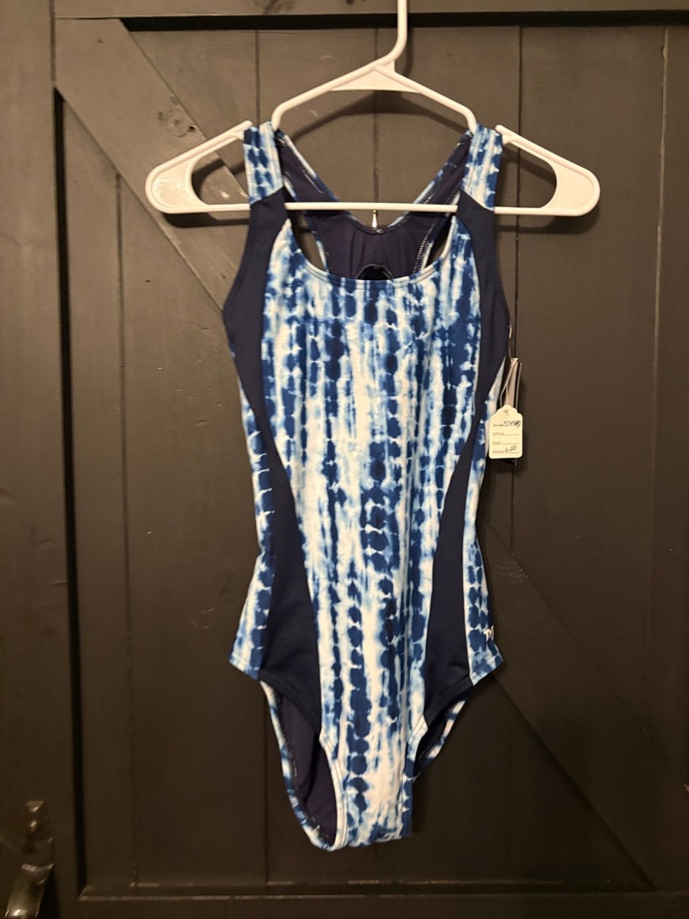 TYR Blue and White Tie-Dye One-Piece Swimsuit with Navy Panels or bodysuit